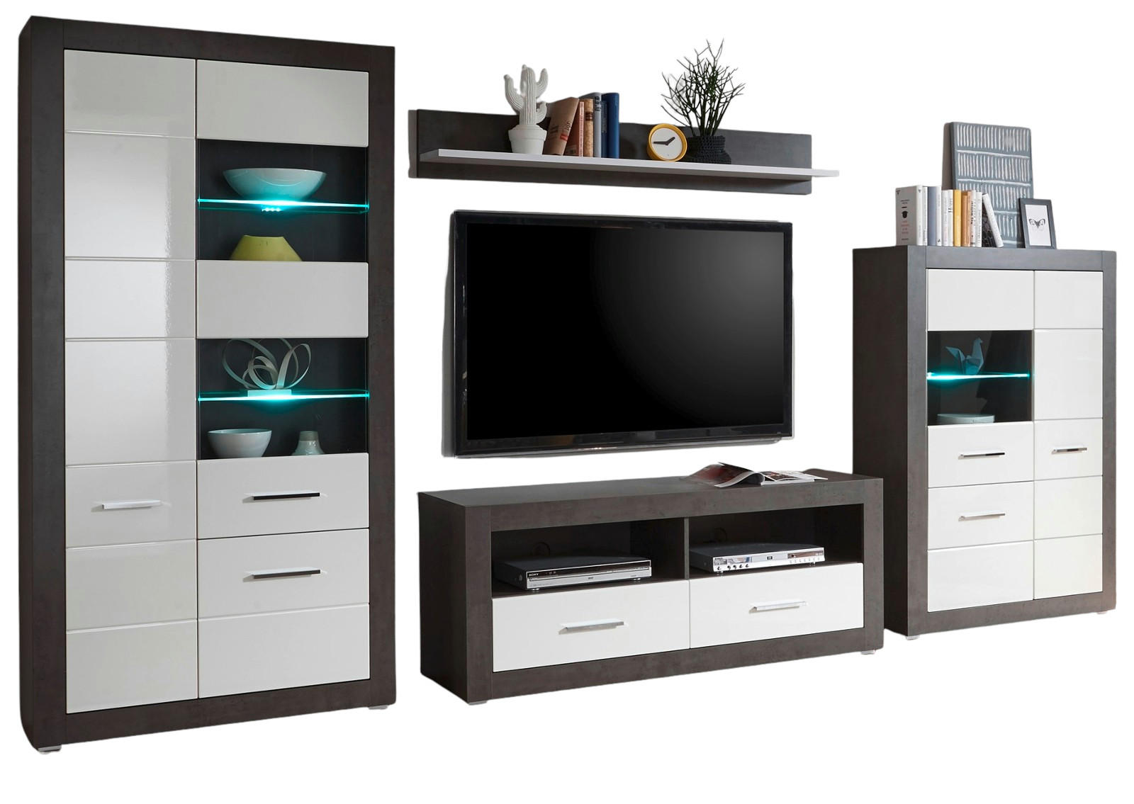 WOHNWAND weiß Hochglanz, grau Stone 4-teilig 370 x 198 cm, Wohnkombination mit viel Stauraum - Chromfarben/Weiß Hochglanz, Glas/Holzwerkstoff (370/198/45cm) - Furn.Design