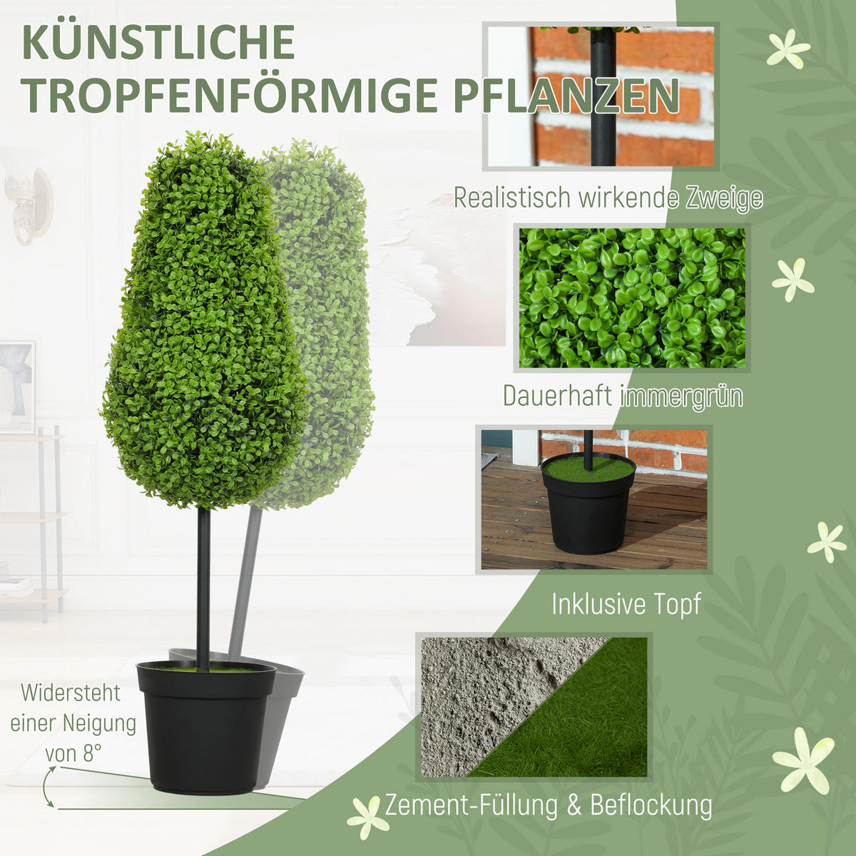 2ER Set Künstliche Buchsbaum 90cm Kunstpflanze in Tränenform Fake Plant wie echt - Schwarz/Grün, Kunststoff (90cm) - HOMCOM