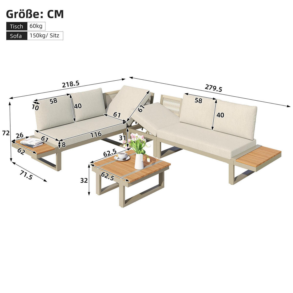 LOUNGEGARNITUR mit Couchtisch, Beige - Beige, Metall - KOMHTOM