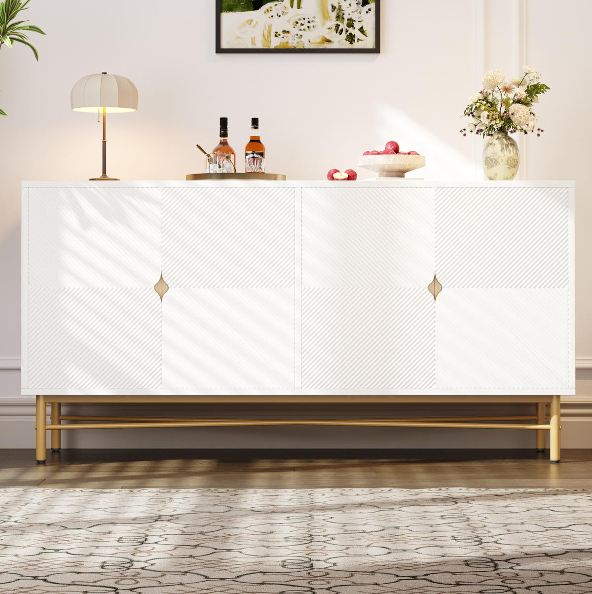 SIDEBOARD aus MDF und Spanplatte 160x40x82 cm Weiß mit 4 Türen, Soft-Close und strukturierter Front - Weiß, Holzwerkstoff (160/82/40cm) - Modfu