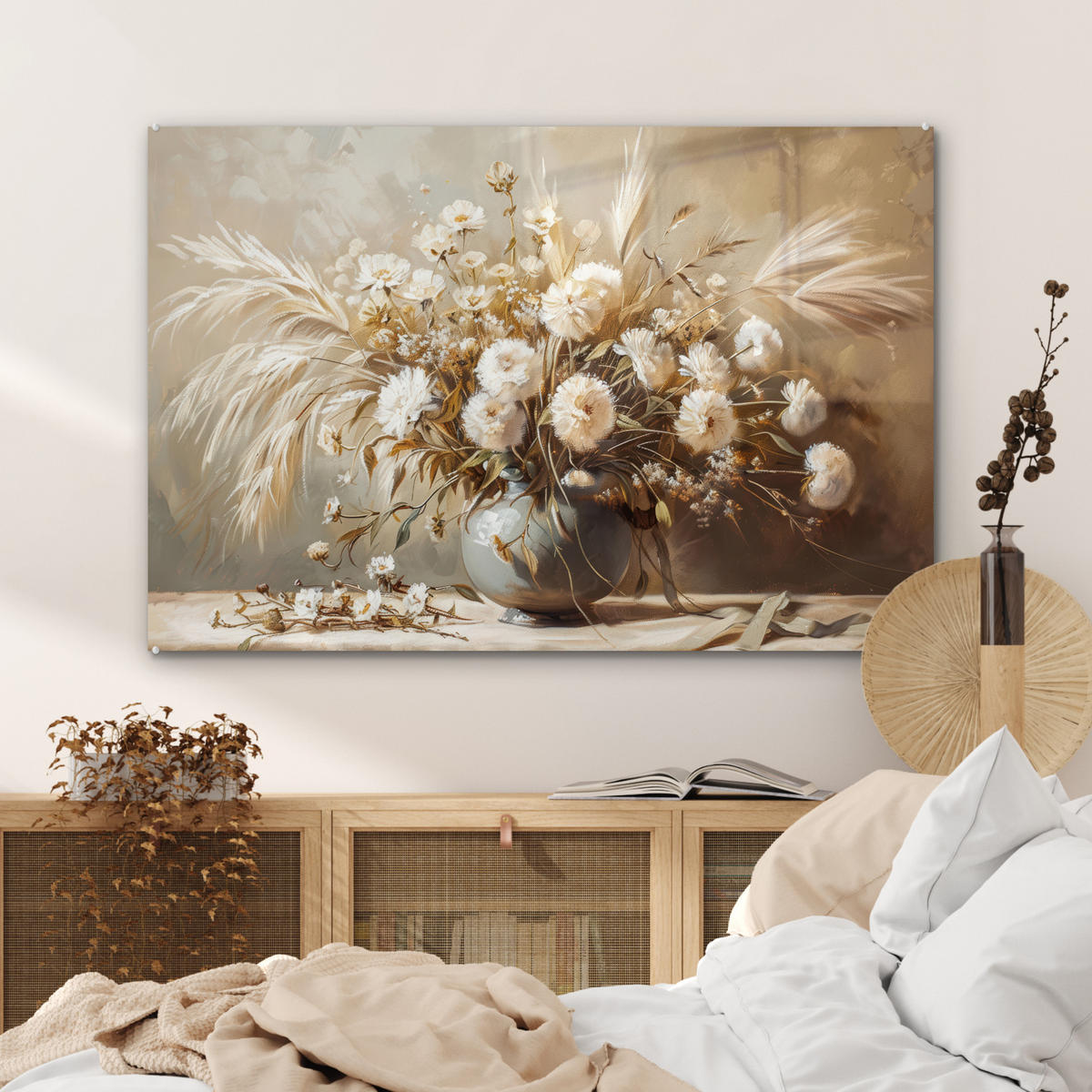 ACRYLGLASBILD Blumen - Vase - Stilleben - Beige 90x60 cm - Creme, Glas (90/60cm) - MuchoWow