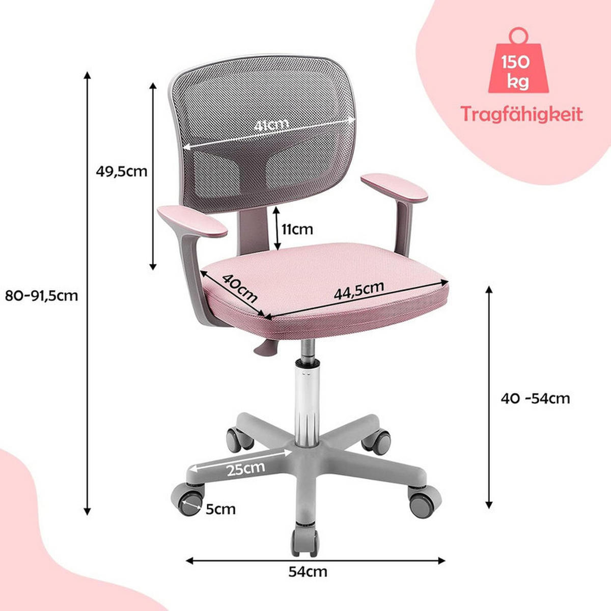 KINDER‑BÜROSTUHL 360°drehbar rosa - Pink, Kunststoff (54/80/54cm) - COSTWAY