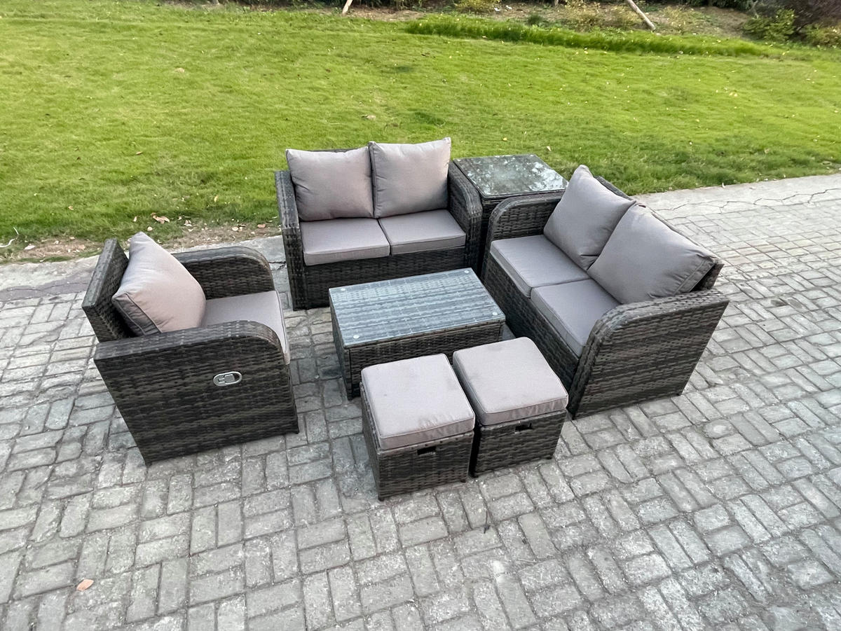 LOUNGESOFA-SET Polyrattan Dunkelgrau 7-Sitzer - Dunkelgrau, Metall - Fimous