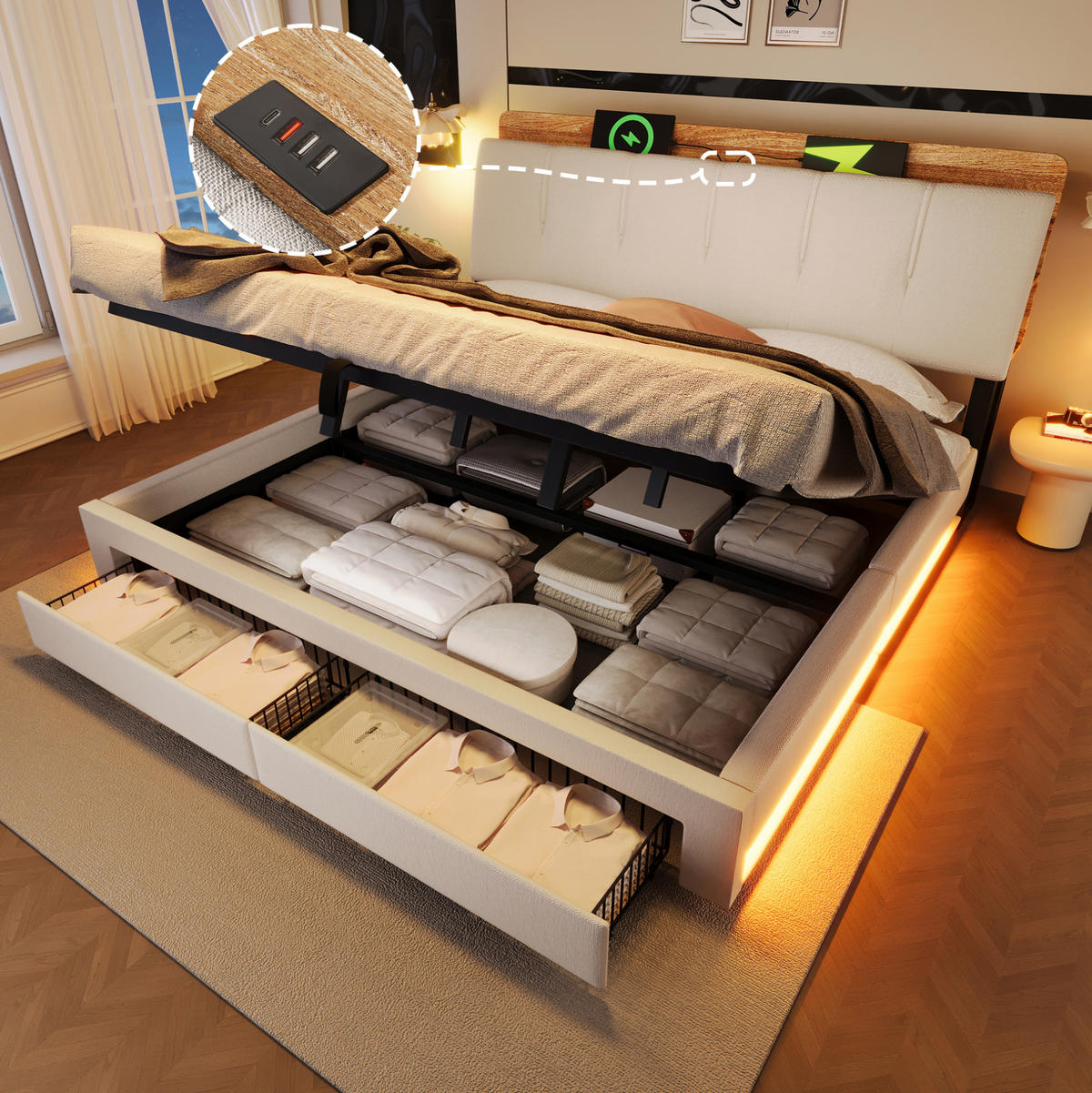 POLSTERBETT 180/200 cm mit USB-, Typ-C-Anschluss, LED und hydraulischem Stauraum, Leinen, Beige - Beige, Textil (180/200cm) - Redom