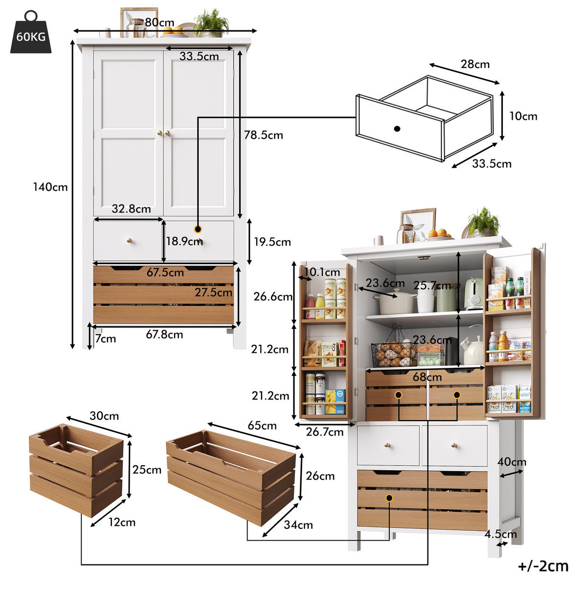 DONJI kuhinjski element, 80/40/140 cm, MDF bijeli, s 2 vrata i 5 ladica - bijela, drvni materijal (80/140/40cm) - BEAOK