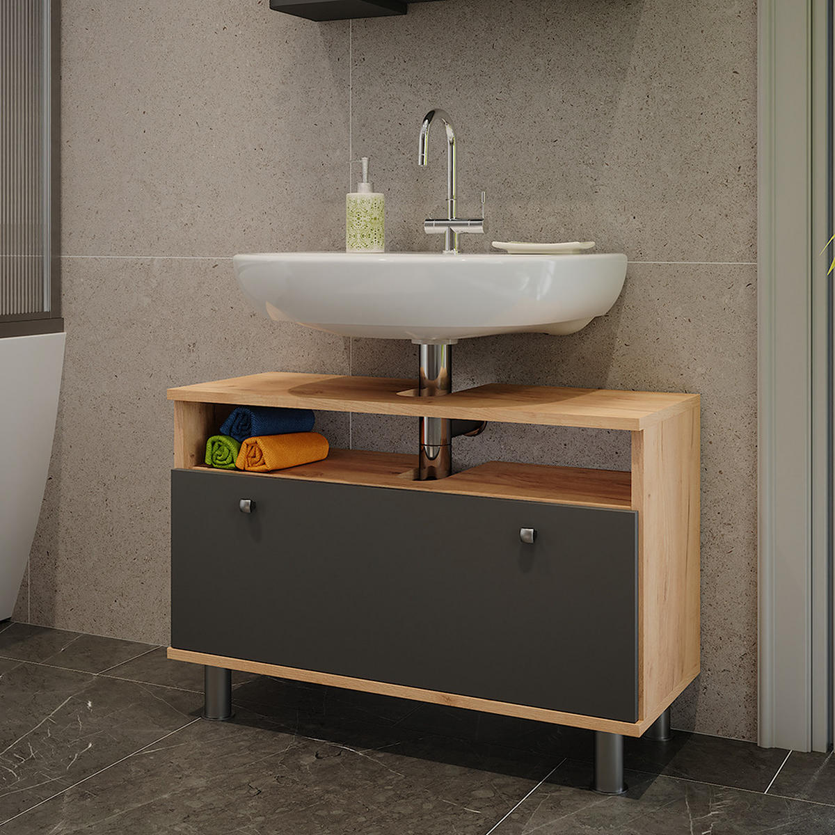 WASCHBECKENUNTERSCHRANK Fynn Goldkraft Eiche/Anthrazit 80.2 x 54 cm mit Schublade - Honigeiche/Anthrazit, Holzwerkstoff (80.2/54/32cm) - Vicco