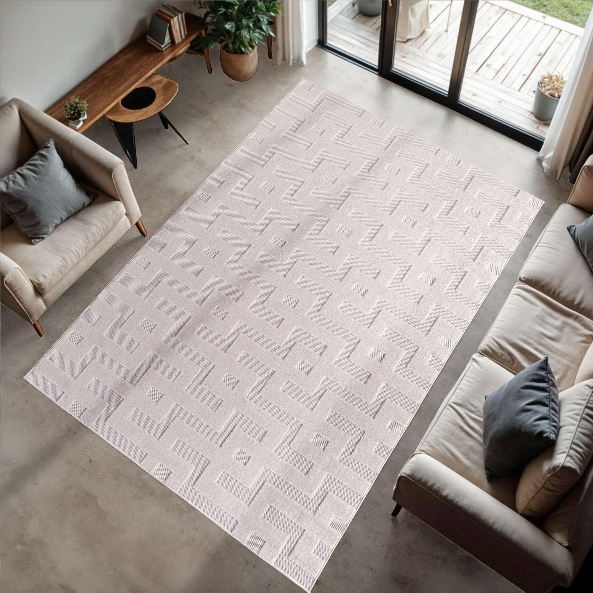 TEPPICH In-/Outdoor Kurzflor Tiefeneffekt Polypropylen Terrasse Creme Rechteckig 200x290 - Creme, Textil (200/290cm) - KADIMA DESIGN