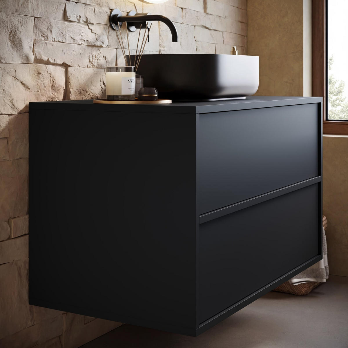 SKRINKA POD UMÝVADLO Mali 2 zásuvky matná čierna - 80 x 46 x 54 cm - čierna, drevo (80/54/46cm) - Badplaats