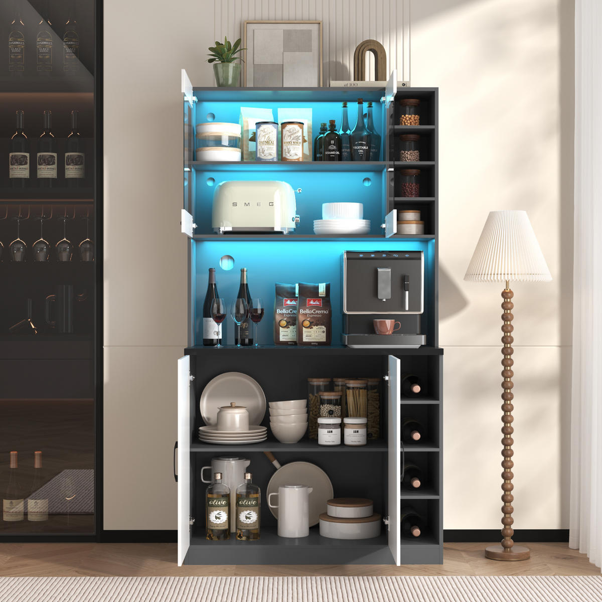 BUFFET 100/47/187 cm grau/weiß aus MDF mit LED-Beleuchtung - Weiß, Holzwerkstoff (100/187/47cm) - OKWISH