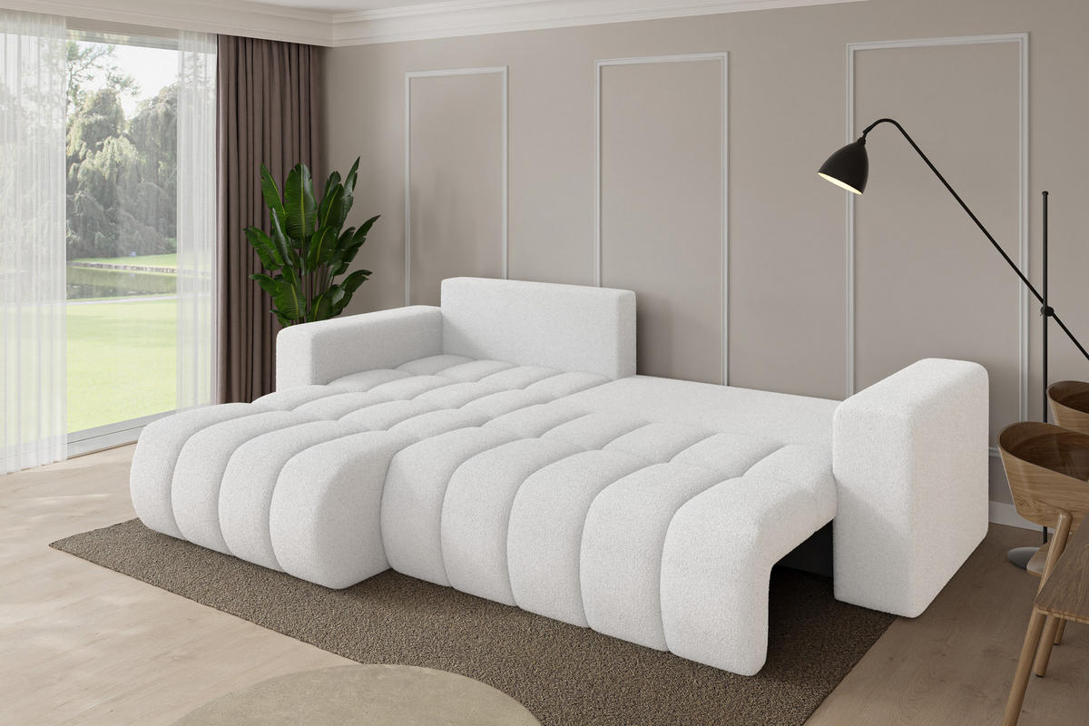 ROHOVÁ SEDAČKA s funkcí spaní, otoman vlevo MILA-L-v1 277x195x86 bílá bouclé - bílá/černá, kompozitní dřevo/textil (277/194cm) - ALTDECOR