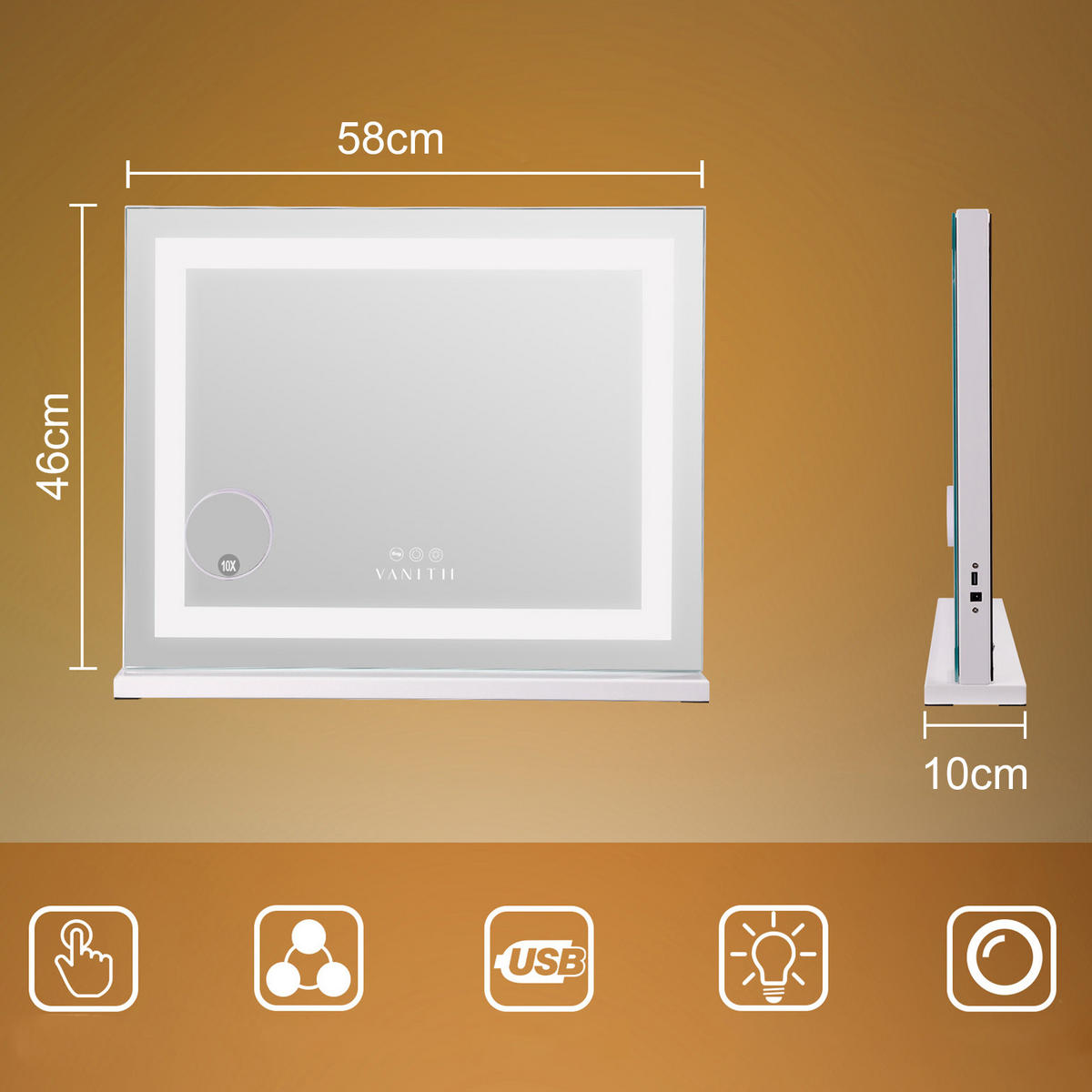 SCHMINKSPIEGEL mit LED Lichtleiste weiß 58/46 cm - Weiß, Metall (58/46/3cm) - VANITII