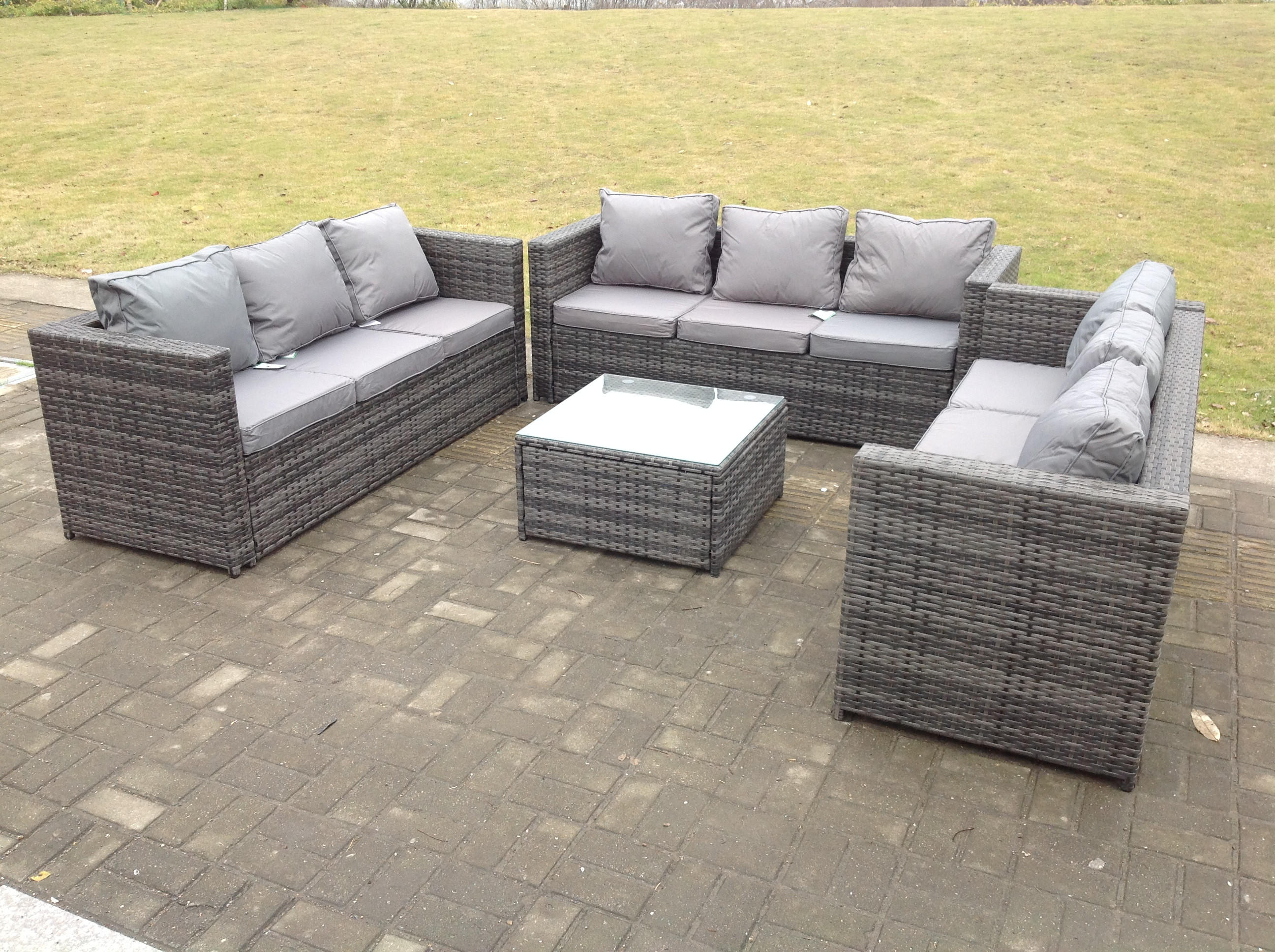 GARTENSET Polyrattan 9-Sitzer - Dunkelgrau/Grau, Glas/Kunststoff - Fimous