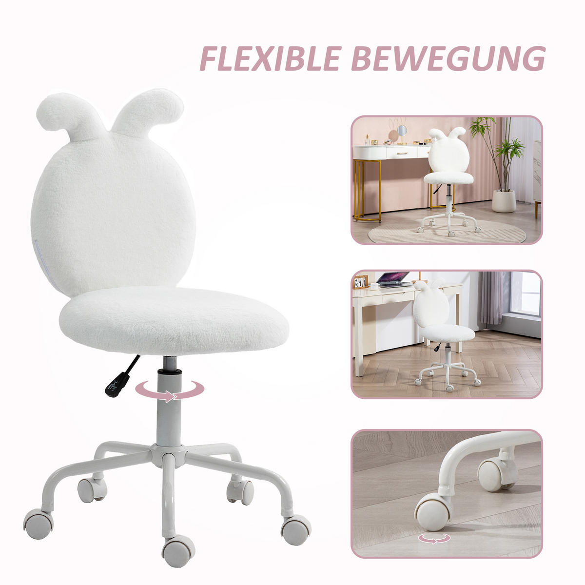 BÜROSTUHL Höhenverstellbar Schreibtischstuhl mit Hasenohren, Samtoptik, Weiß - Weiß, Kunststoff (45/90/52cm) - HOMCOM