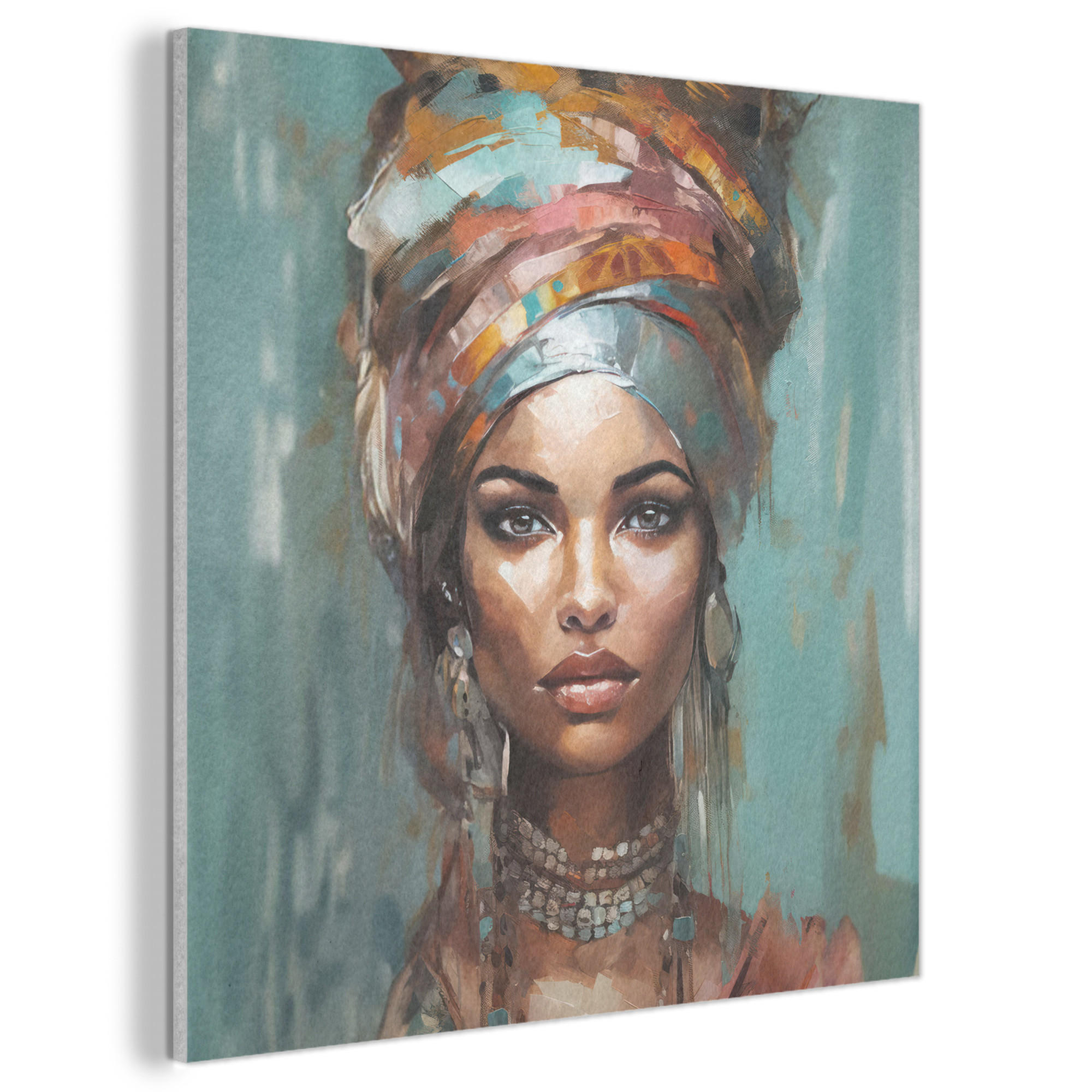 AKUSTIKPANEEL Frau - Kunst - Schmuck - Porträt 90x90 cm - Blaugrau, Kunststoff (90/90/0.9cm) - MuchoWow