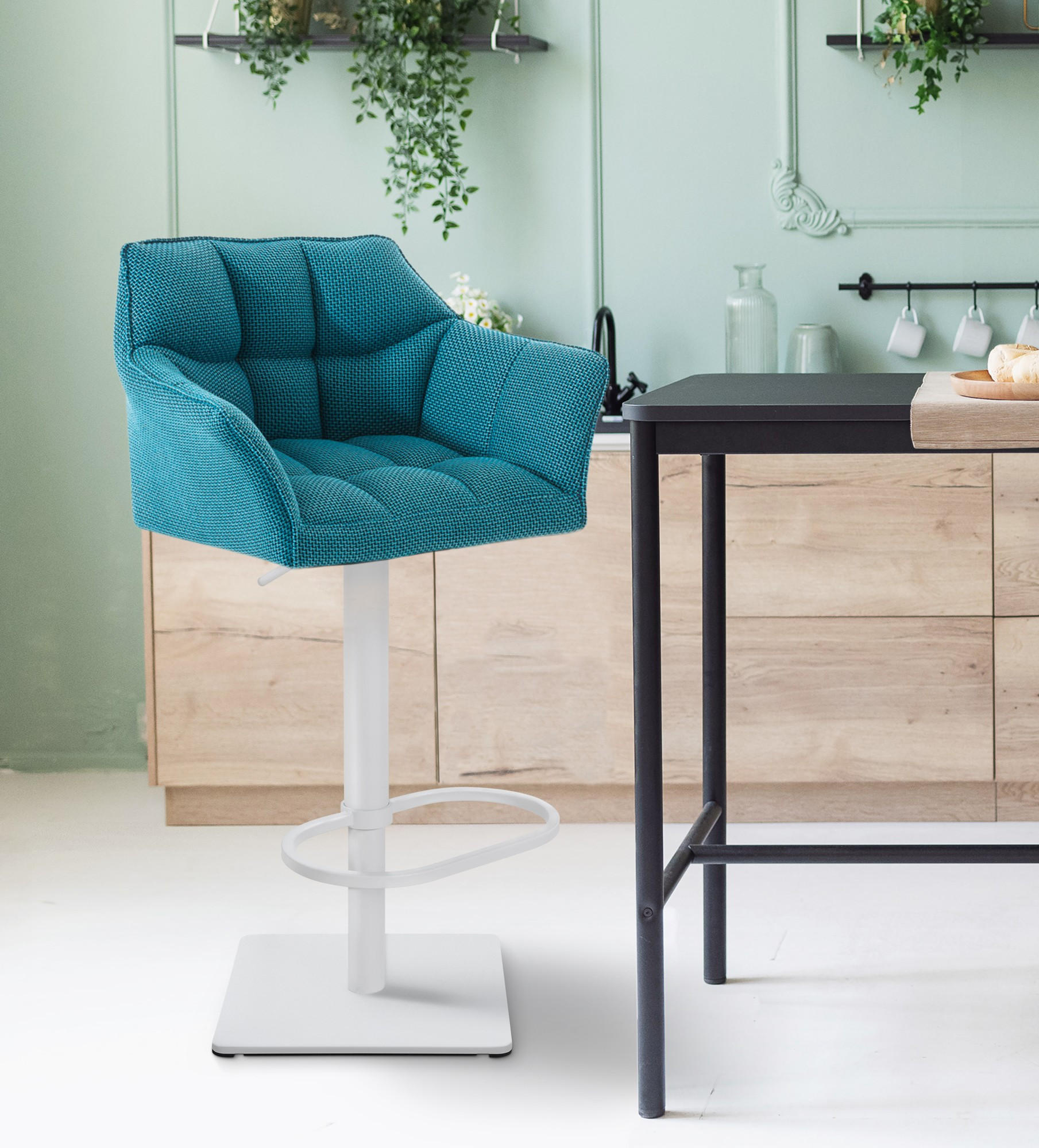 BARHOCKER 2er Set Stoff Türkis - Türkis/Weiß, Textil/Metall (64/88/45cm) - CLP