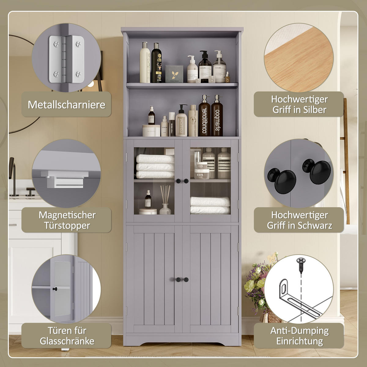 BADEZIMMER-HOCHSCHRANK 57.4x28.5x160cm in Grau, feuchtigkeitsbeständig mit 4 Türen - Grau, Holzwerkstoff (57.4/160/28.5cm) - Modfu