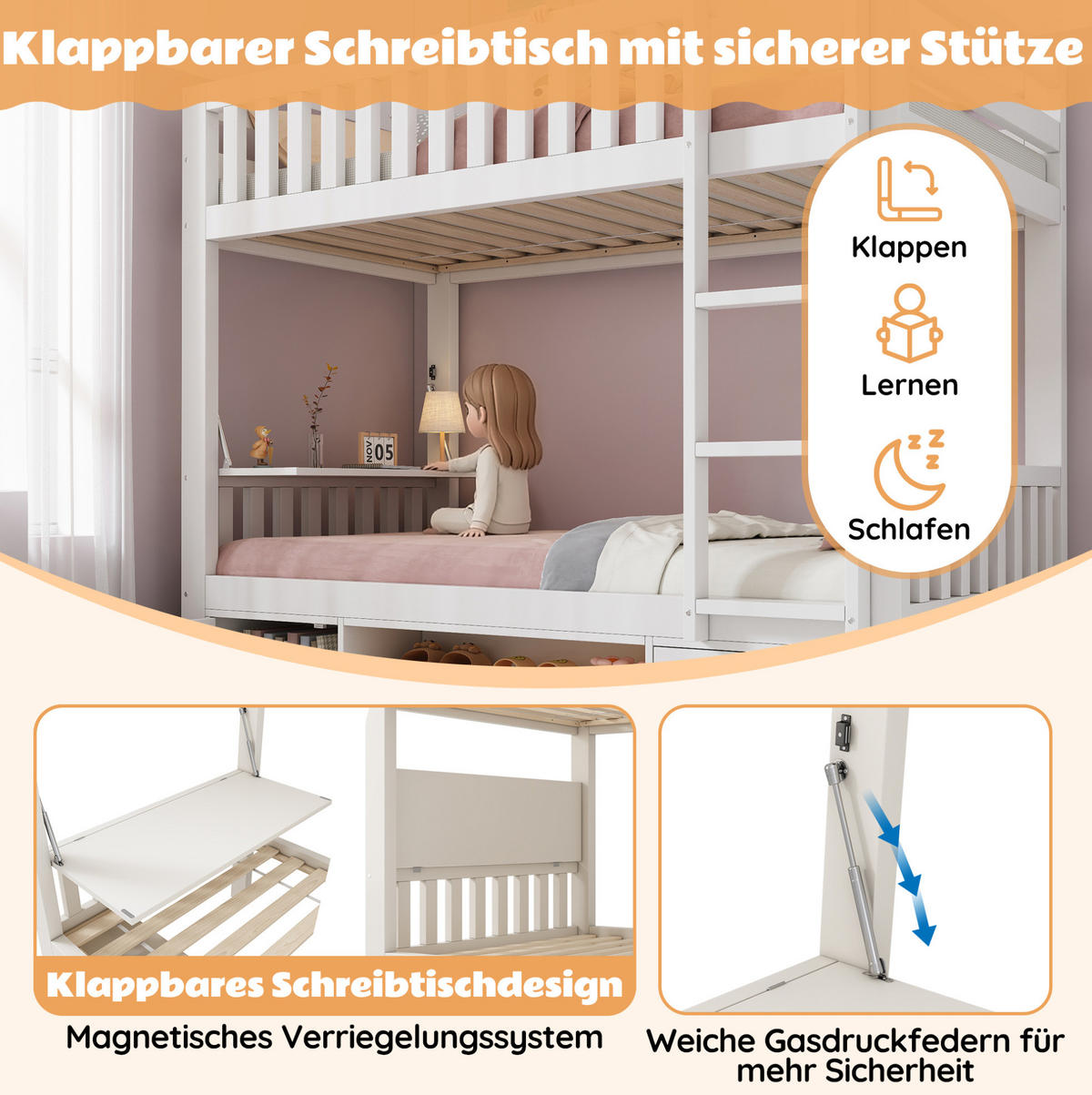 KINDERBETT 90/200 cm weiß aus Holz mit Tisch und Schuhregal - Weiß, Holzwerkstoff (90/200cm) - OKWISH