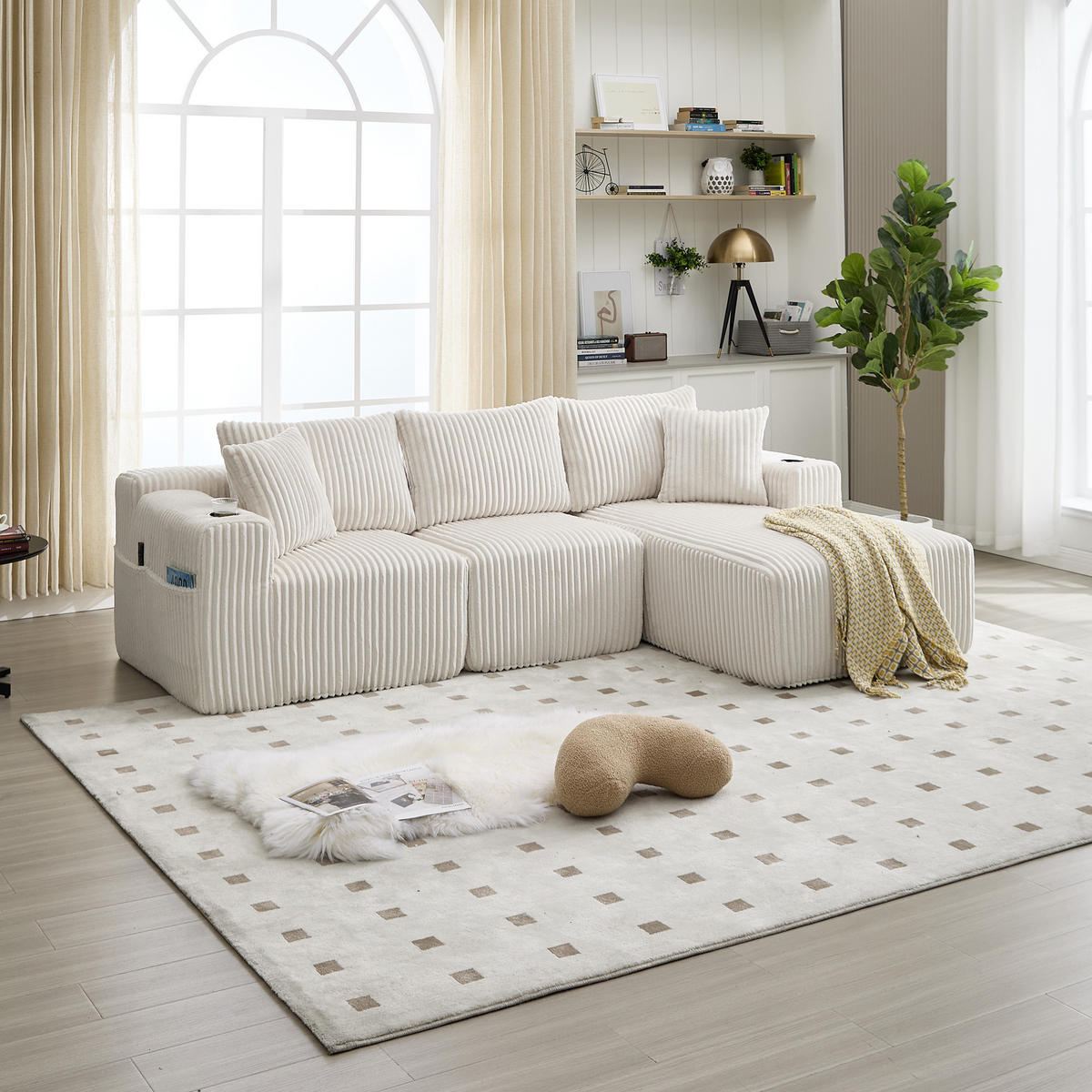 ECKSOFA Cord Beige mit Kissen, Seitentaschen und Getränkehalter - Beige, Textil (257/160cm) - WISHDOR