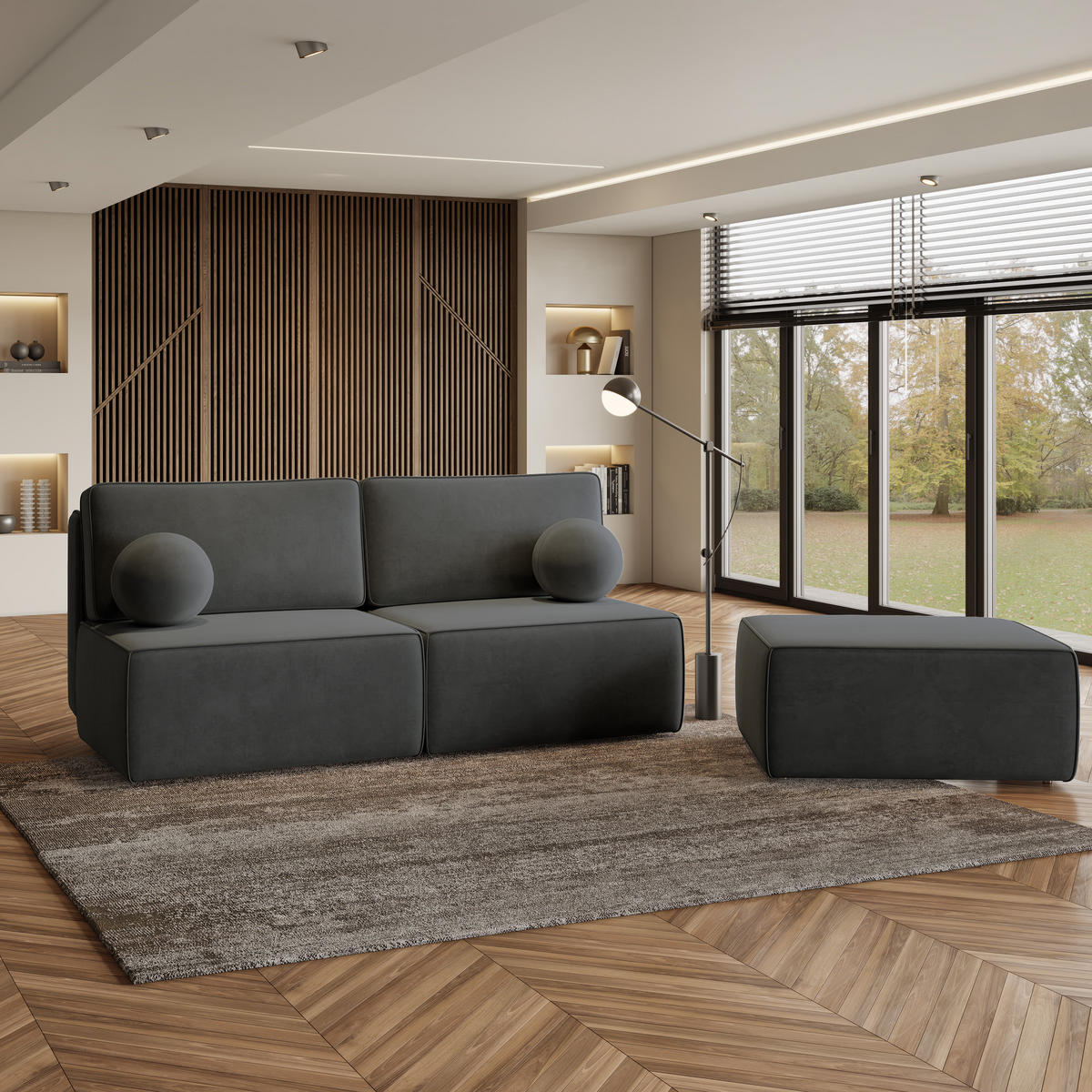 ECKSOFA VARNA M Schwarz Velours-Stoff mit Schlaffunktion - Schwarz, Holz (196/158cm) - MASSENO