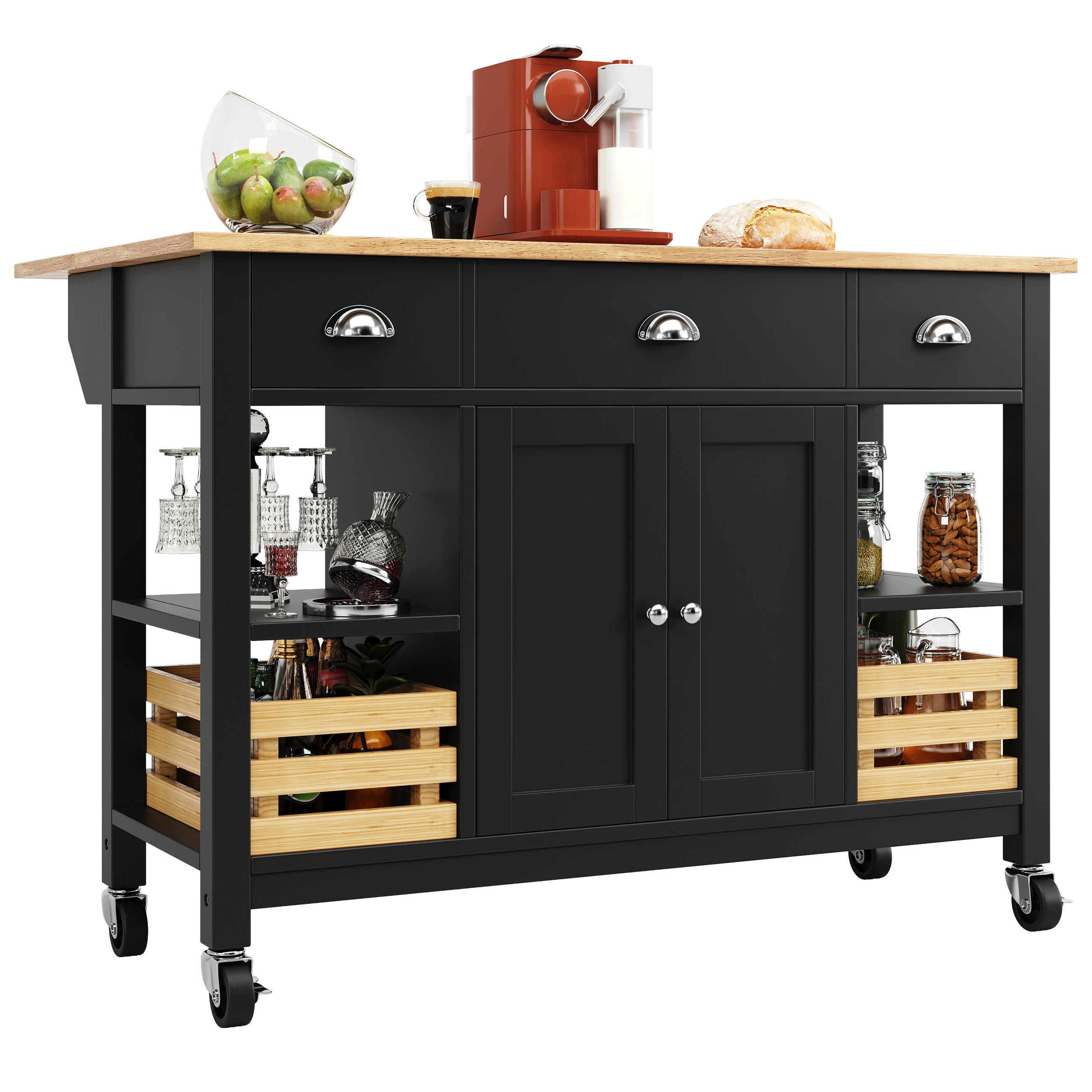 KÜCHENINSEL in Schwarz und Naturfarben Servierwagen mit Kiefernkorb und Schubladen für Esszimmer, B120/T45/H90 cm - Schwarz/Naturfarben, Holzwerkstoff/Metall (120/90/45cm) - STILVORA