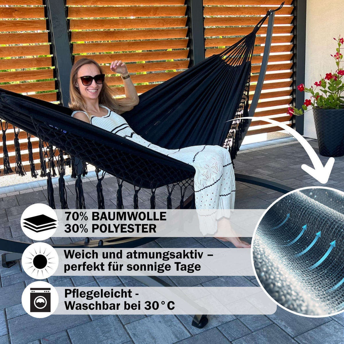 HÄNGEMATTE mit Gestell, 2 Personen, XXL, 200 kg, Metall, Santia Schwarz, einfache Montage - Anthrazit, Metall (370/130/120cm) - Potenza