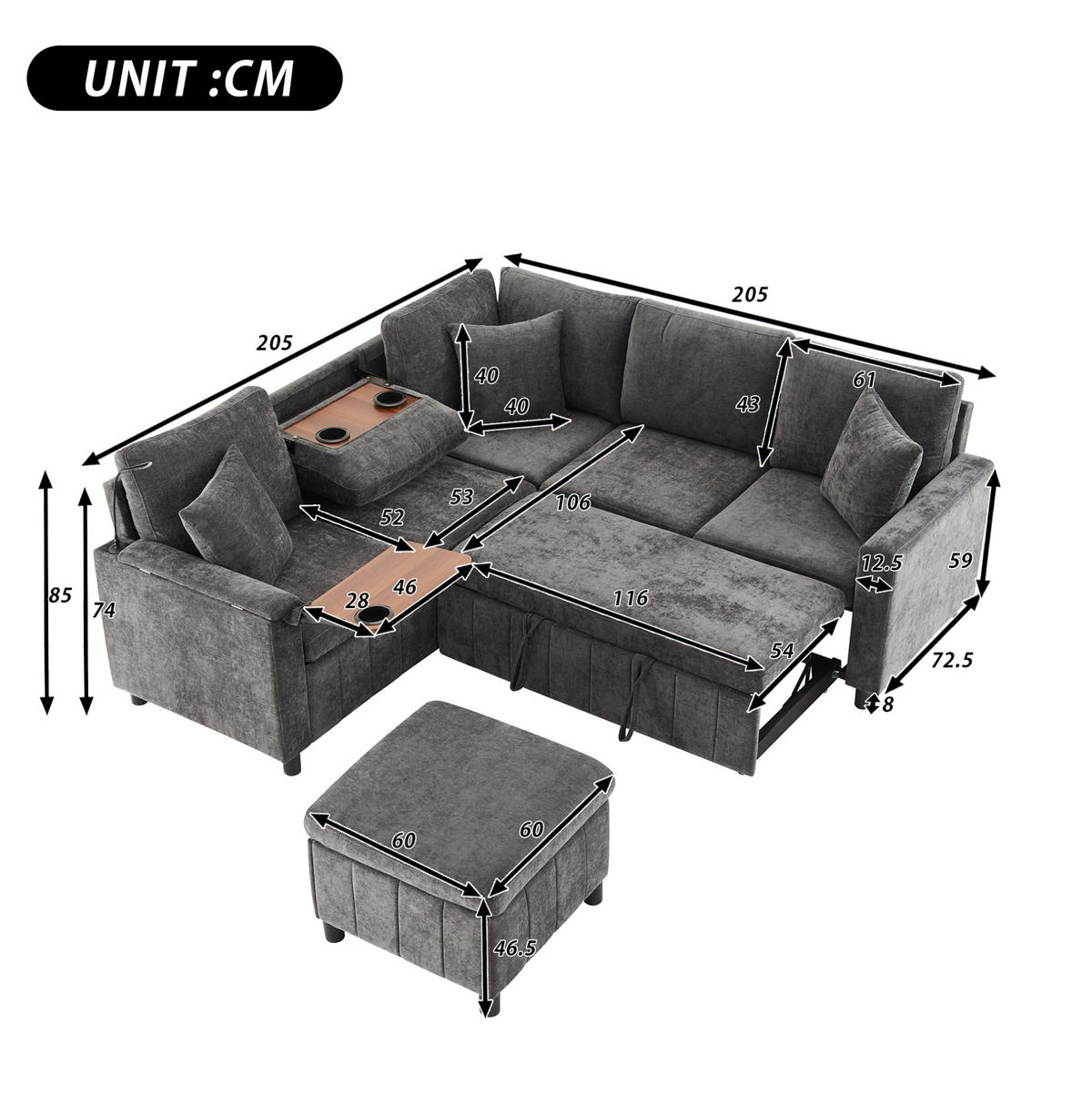 KUTNA garnitura 205/205/85 cm siva od ženila s funkcijom spavanja i USB priključcima - siva, tekstil (205/205cm) - OKWISH