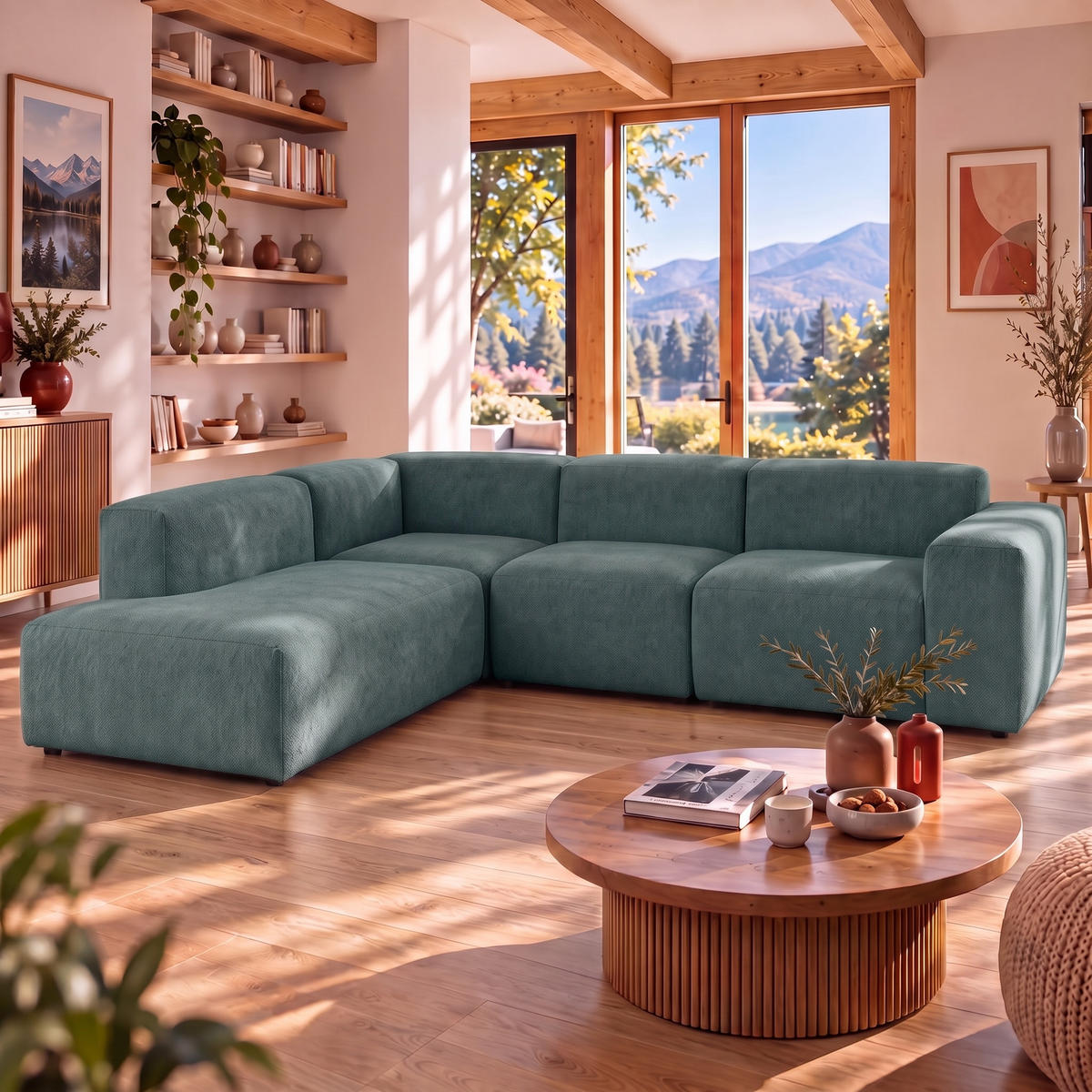 4-SITZER modulares Ecksofa HEAVEN SET 2 Links, Breite 300 cm Webstoff Dunkelgrün - Dunkelgrün/Schwarz, Holz/Kunststoff (300/245cm) - Muffo