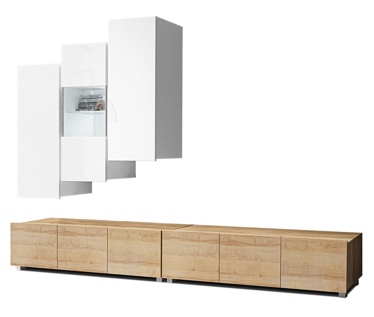 WOHNWAND Kossana 11 Weiß, Goldene Eiche 300/142/43 cm Design - Hellbraun/Weiß, Holzwerkstoff/Kunststoff (300/142/43cm) - AX Living