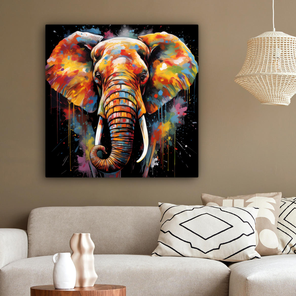 LEINWANDBILD Elefant - Graffiti - Schwarz - Tiere - Farben 90x90 cm - Schwarz, Textil (90/90cm) - MuchoWow
