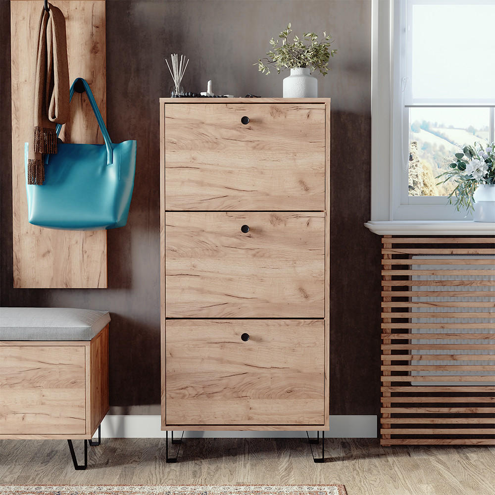 SCHUHKIPPER Siri Goldkraft Eiche 60 x 130 cm mit 3 Klappschubladen - Honigeiche, Holzwerkstoff (130/60/26cm) - Vicco