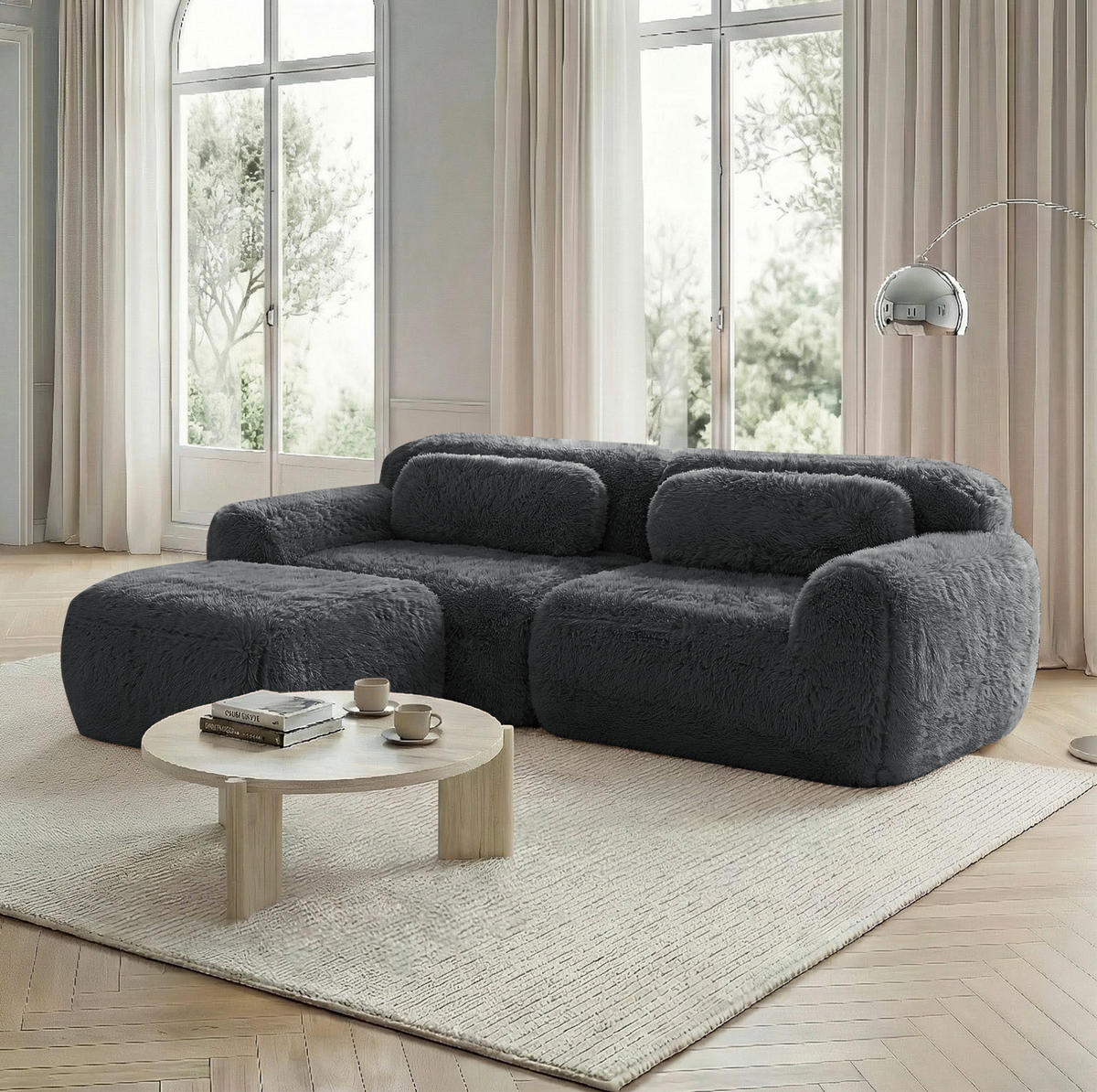 ECKSOFA aus Plüsch in Grau mit Ottoman - Grau, Textil (179/104/204cm) - Modfu