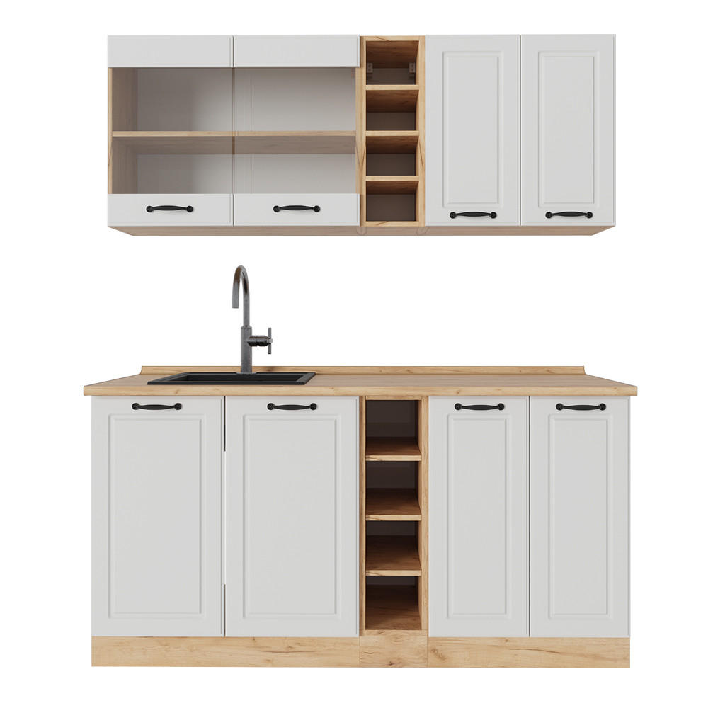 SINGLEKÜCHE R-Line Weiß Landhaus/Goldkraft Eiche 160 cm ohne Arbeitsplatte - Eiche Wotan/Creme, Holzwerkstoff (160/81.6/46cm) - Vicco