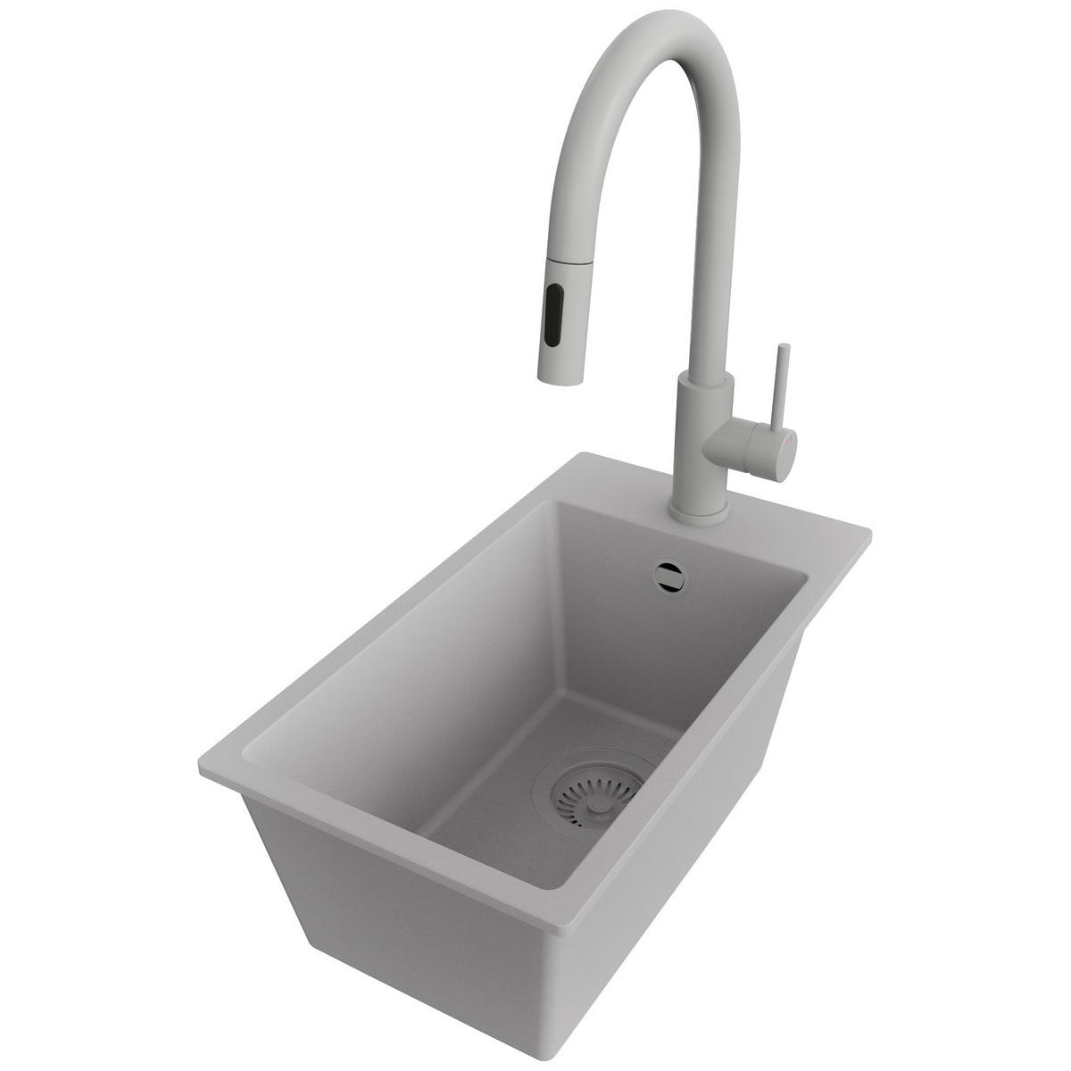 GRANITSPÜLE Riga, 2-er set Grau 28/50 cm 1 Becken + Küchenarmatur 40/20 cm + Ablauf-Set ab 30er Unterschrank - Grau, Kunststoff (28/20/50cm) - Primagran