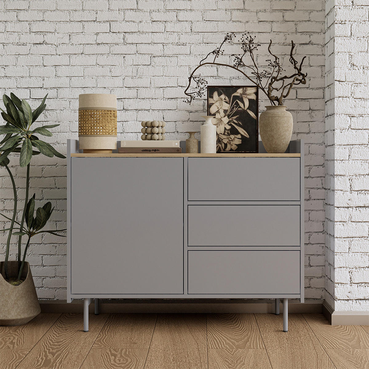 KOMMODE Velina Grau/Eiche 100 x 82 cm mit 3 Schubladen und 1 Tür - Eichefarben/Grau, Holzwerkstoff (100/82/40cm) - Vicco
