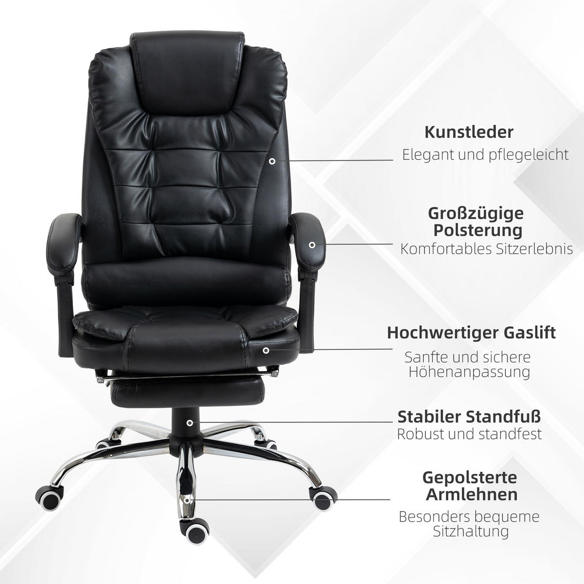CHEFSESSEL Bürostuhl mit Fußstütze, Schreibtischstuhl mit Neigefunktion Schwarz - Schwarz, Kunststoff (64.5/117/69cm) - HOMCOM
