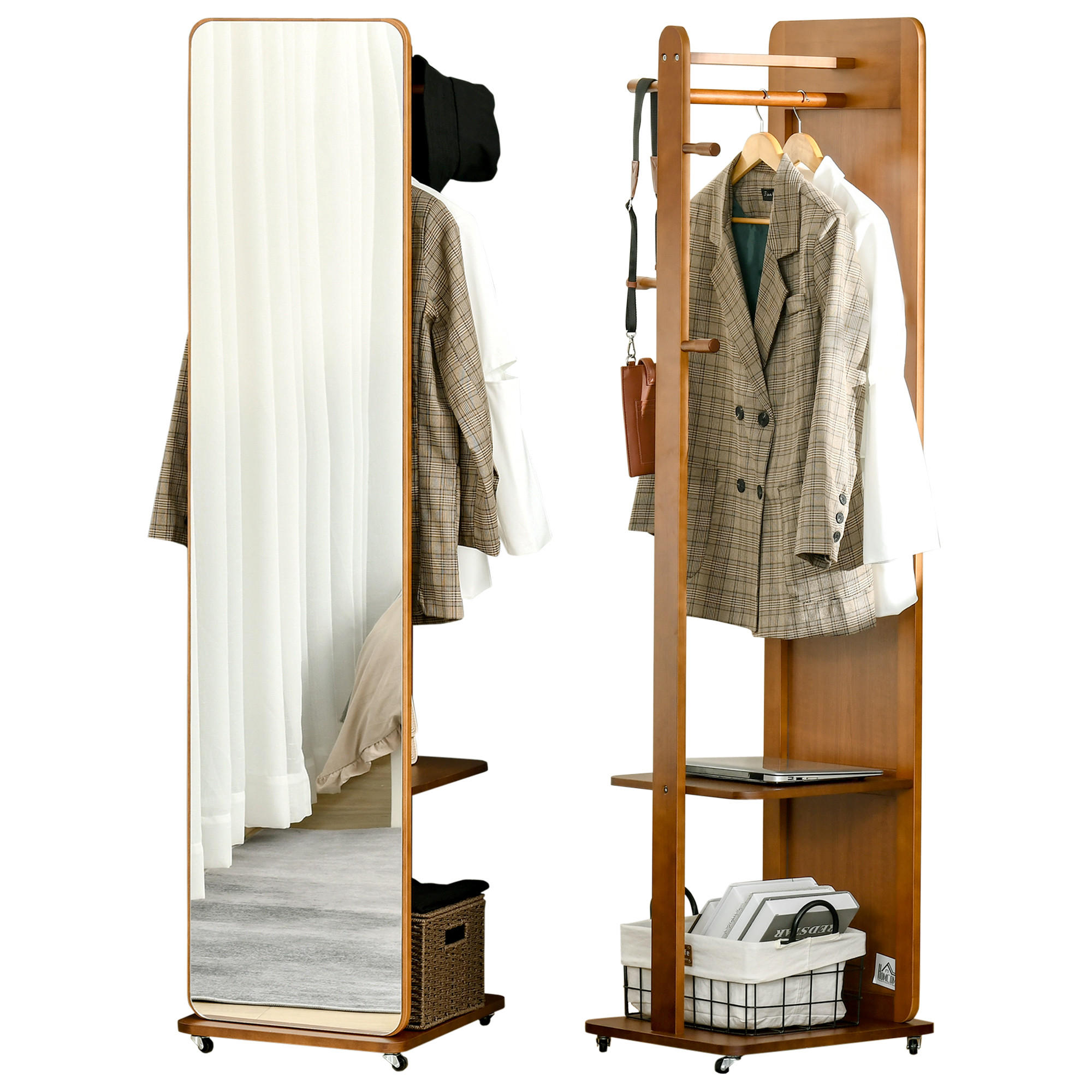 GARDEROBENSPIEGEL DE-17904 mit Rollen, Kleiderstange & 4 Haken Walnuss - Walnussfarben, Holzwerkstoff (44.5/170/40cm) - ComfortXL