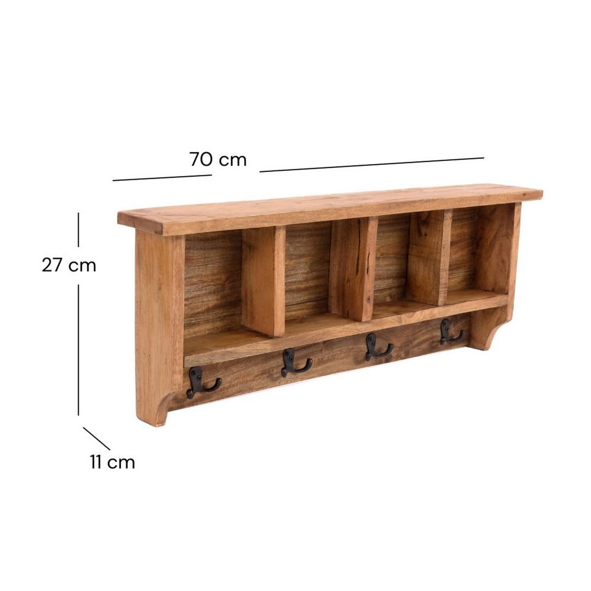 WANDGARDEROBE VINTAGE 70 Recyclingholz massiv, 4 Doppelhaken, 4 Fächer, Ablage 08 honigfarben gewachst - Honig, Holz (70/27/11cm) - DESIGN DELIGHTS