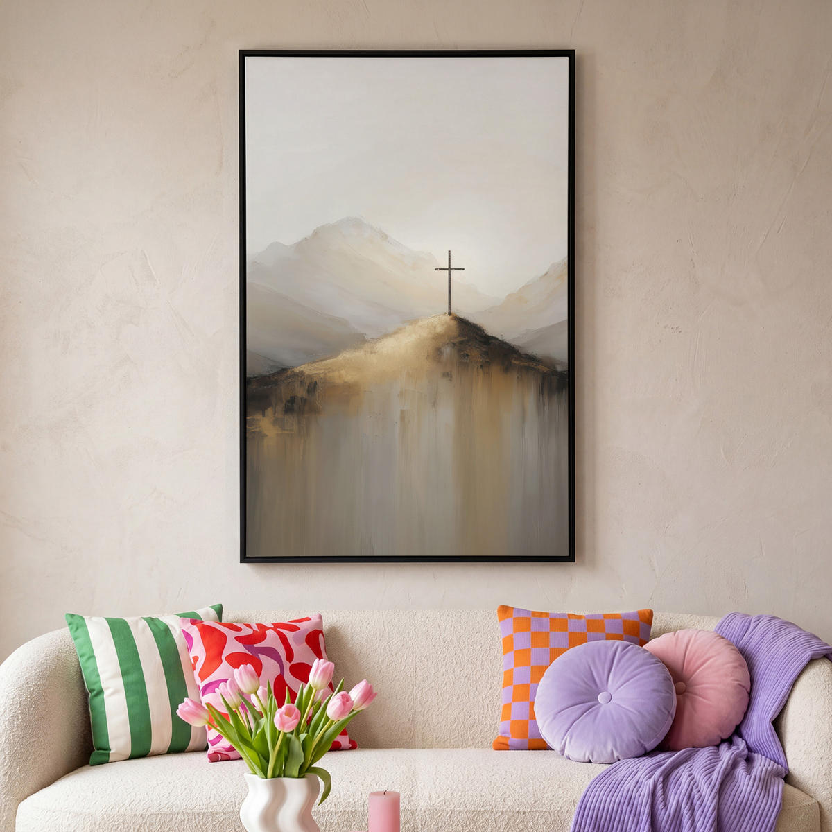 LEINWAND Bilder mit Rahmen - Hügel - Abstrakt - Kreuz - Christentum - 90x140 - Beige, Textil (90/140cm) - MuchoWow