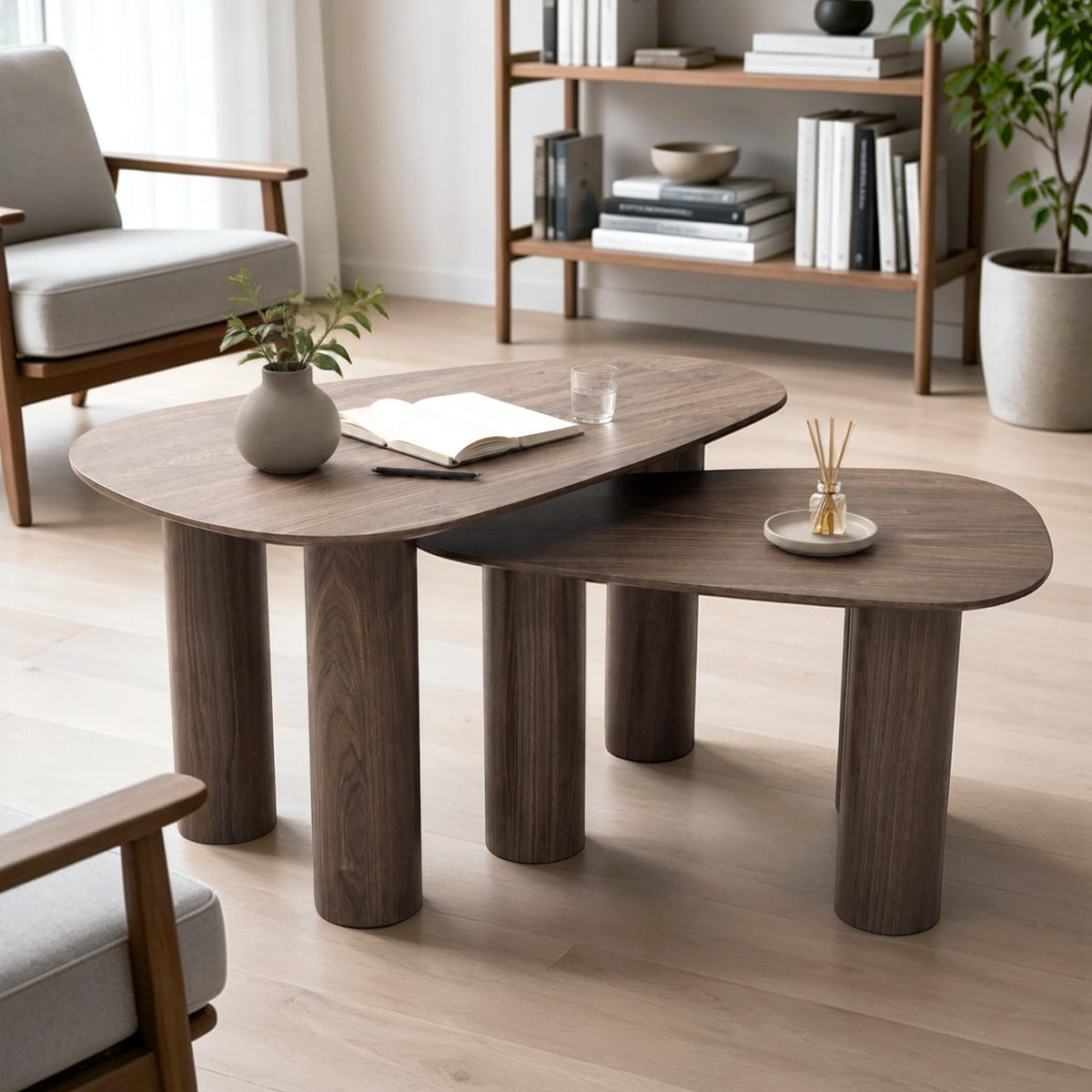 COUCHTISCH 2er Set Holz in Walnussoptik,86cm &69cm - Walnussfarben, Holzwerkstoff (53/85/45cm) - Hometopia