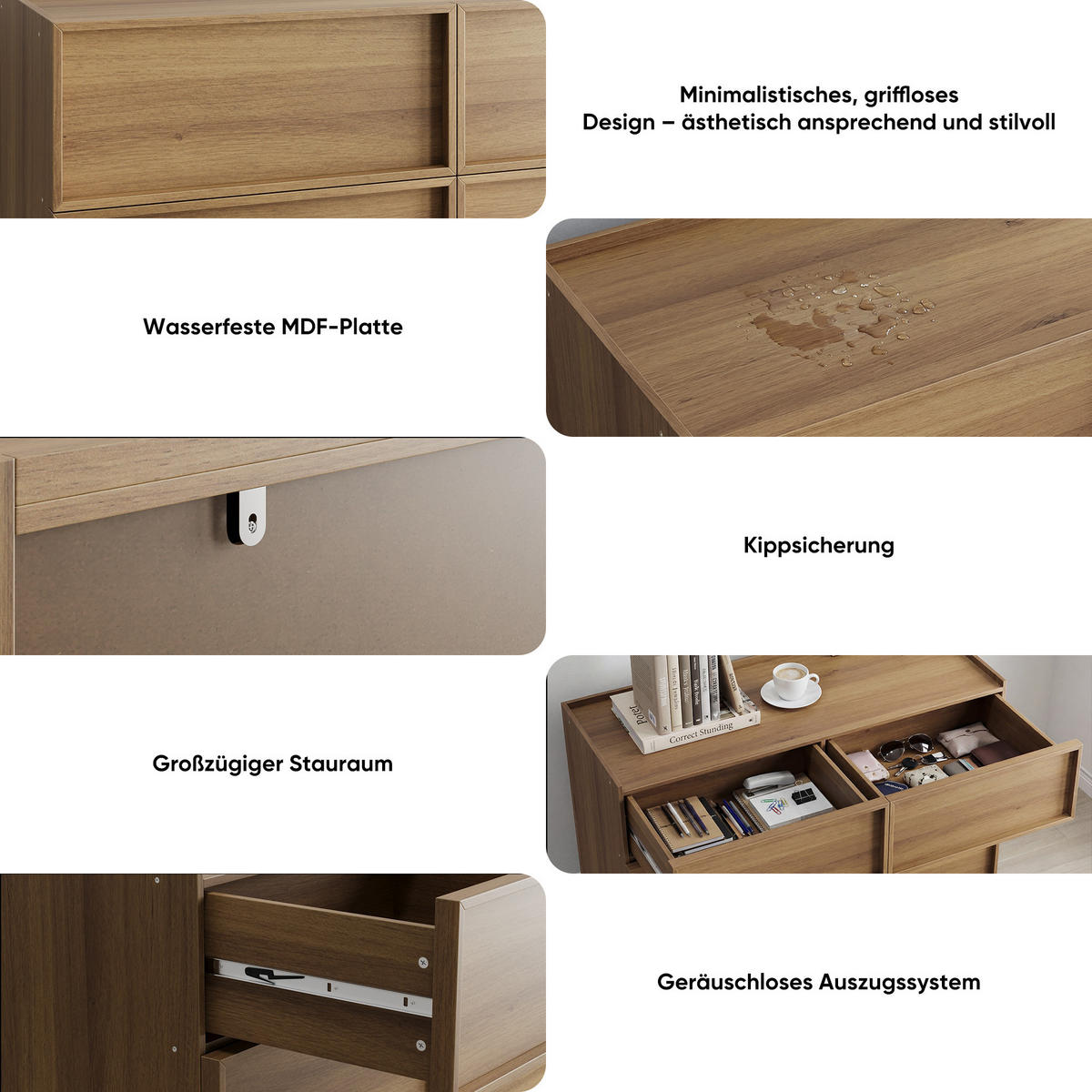 SIDEBOARD Holz Kommode mit 6 Schubladen, Eiche 115x48x78 cm - Eichefarben, Holzwerkstoff (115/78/48cm) - Urban Meuble