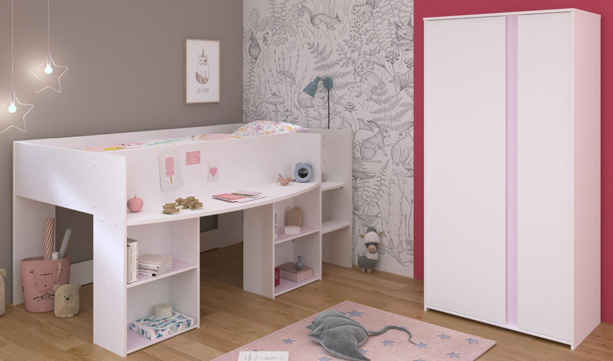 KINDERZIMMER in weiß Set 2-tlg. mit Kleiderschrank und Hochbett 90x200 - Weiß/Rosa, Holz/Holzwerkstoff (205/182/104cm) - Parisot Meuble
