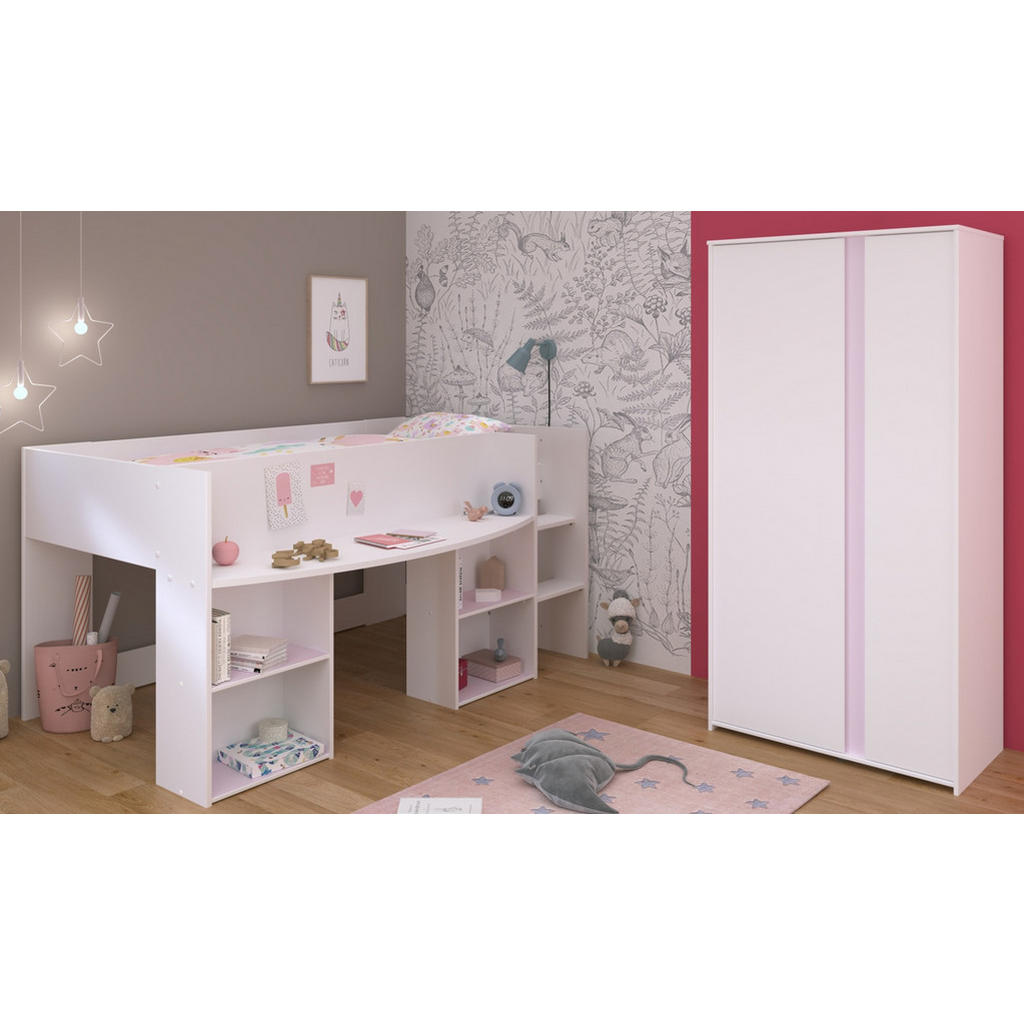 Thumbnail - Parisot Meuble Kinderzimmer, Weiß, Grau, Rosa, Holzwerkstoff, Uni, 3 Fächer, Rechteckig, 205x182x104 cm, Kinder- & Jugen...