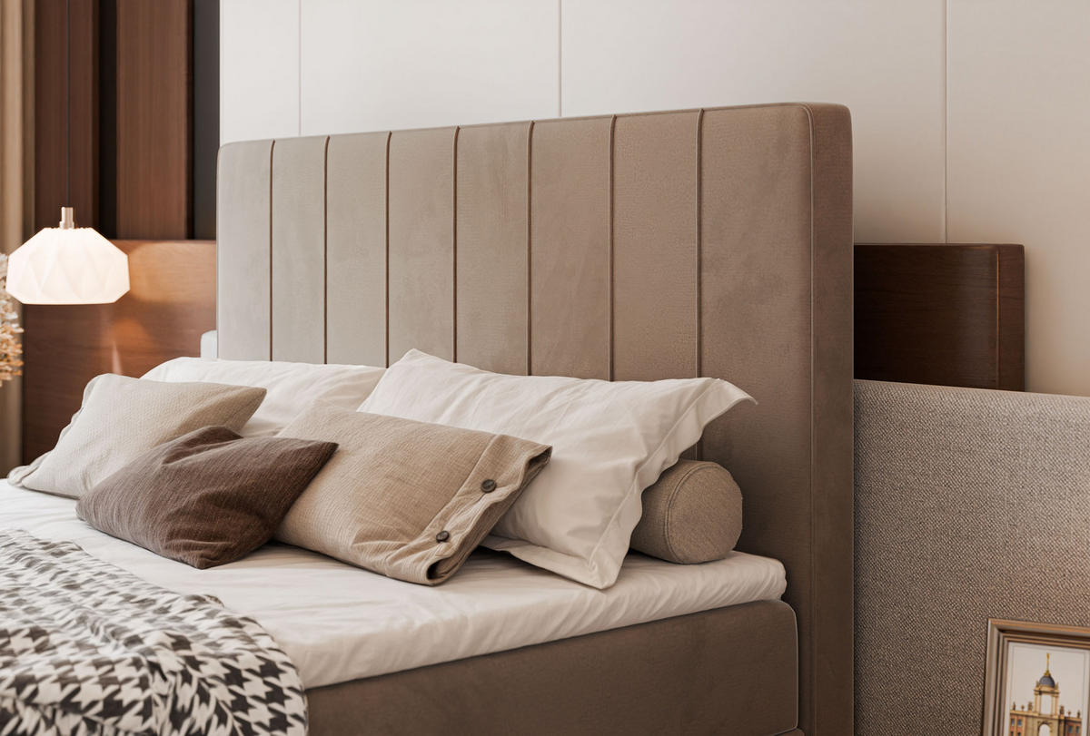 BOXBETT VERA 120x200 cm mit Matratze und Topper, Dichter wasserabweisender Samt Hellbraun - Hellbraun, Textil (120/200cm) - Idohome