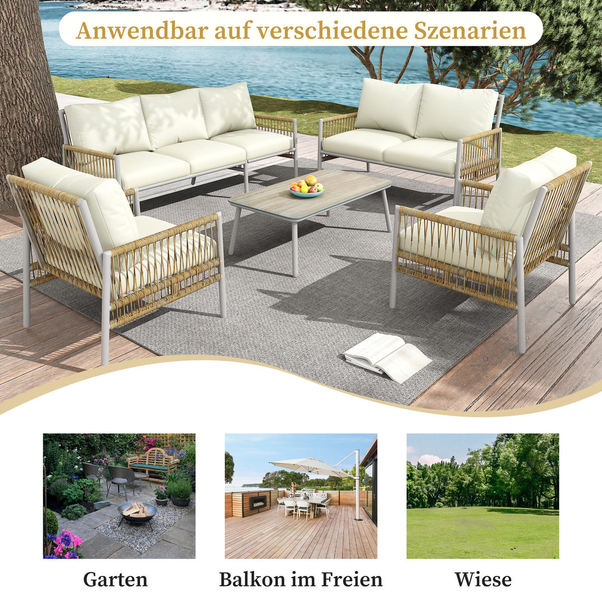 GARTENSET 7-Sitzer Beige PE-Rattan Mit Waschbaren Kissen - Beige, Metall - FLIEKS