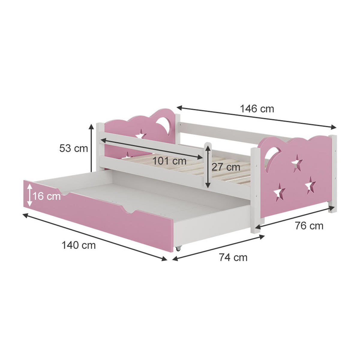KINDERBETT Jessica Rosa/Weiß 70x140 cm mit Schublade und Matratze - Pink/Weiß, Holzwerkstoff (146/53/76cm) - VitaliSpa