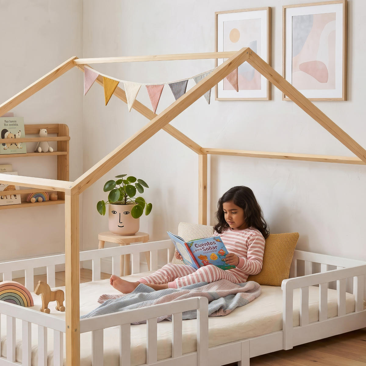 HAUSBETT Treviolo - Weiß/Naturfarben, Holz (140/200cm) - [en.casa]
