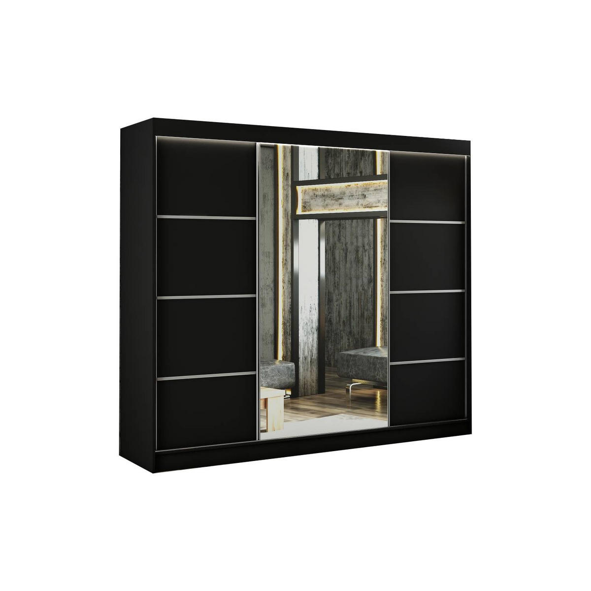 SCHIEBETÜRENSCHRANK RABI - Schwarz, Holzwerkstoff (250/215/61cm) - Meblini