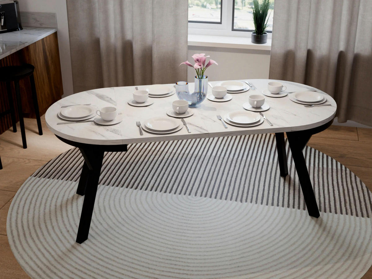ESSTISCH ARI Rund (90-190 cm Ausziehbar Marmor Bianco Weiß Glamour Metallbeine) - Hellgrau/Schwarz, Holz/Holzwerkstoff (90/90/76cm) - Ravio