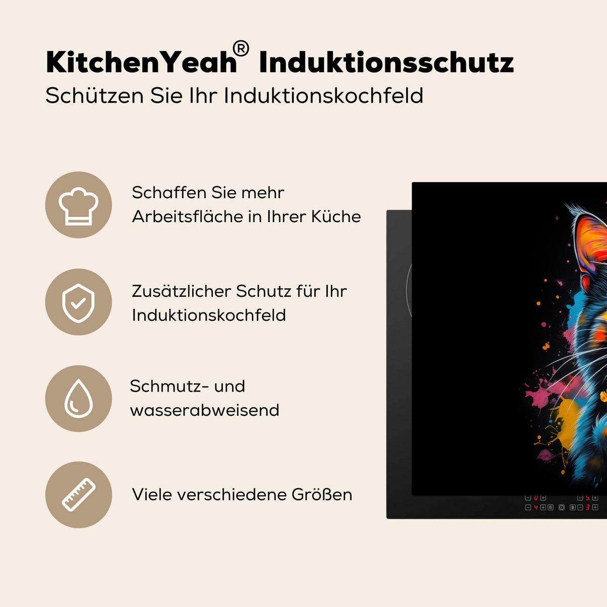 HERDABDECKPLATTE Katze - Graffiti - Bunt - Waffel - Essen Ceranfeldabdeckung 85x52 cm - Multicolor, Kunststoff (85/52/0.2cm) - MuchoWow
