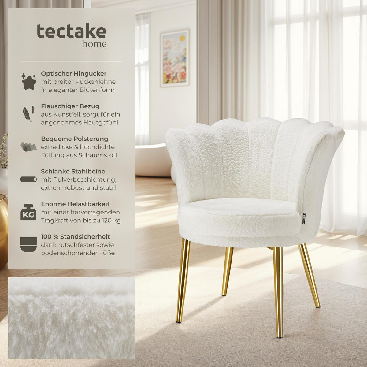 SESSEL Stella,67 x 64 x 76 cm,Kunstfell creme/gold - Goldfarben/Creme, Textil (67/76/64cm) - tectake